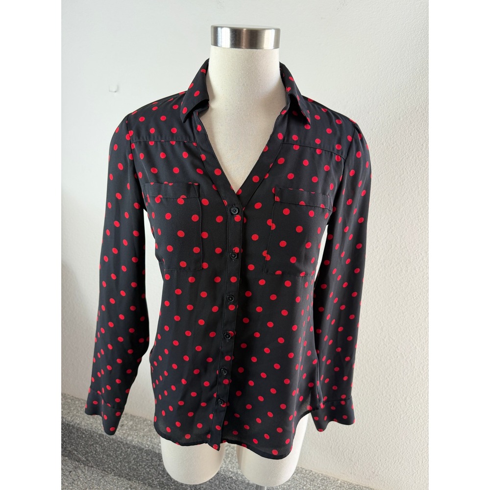Express Portofino Shirt Slim Womens XS Polka Dot Blouse Black Red Roll Tab